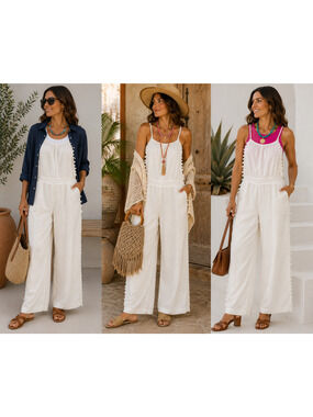 Island Tribe White Cotton Wide Leg Romper Jumpsuit Double Layered Pom Pom Sz-M